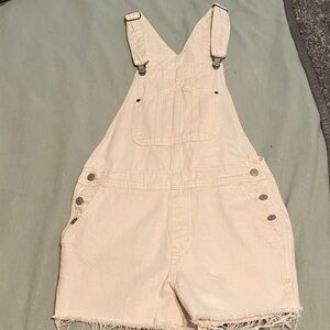 light pink denim overalls